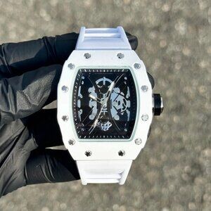 Men's White Black  Dial 42mm Skeleton Luxury Hiphop Rubber Strap Tonneau Watch